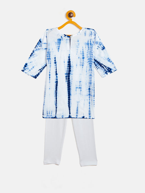 Vastramay SISHU Girls Blue & White Pure Cotton Tie-Dye Kurta Leggings & Dupatta Set